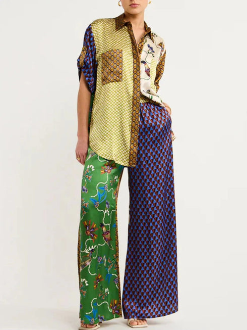 'Qadira' Multicolour Print Button Up Shirt and Pants Set - Celes Fashion